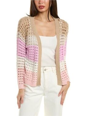 WISPR Pointelle Open Knit Silk Blend Striped Cardigan Pink Purple Women’s Size L